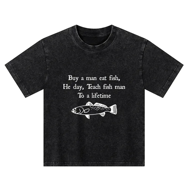 Kyoto-Lion Man Eat Fish Meme Kids Washed T-Shirt