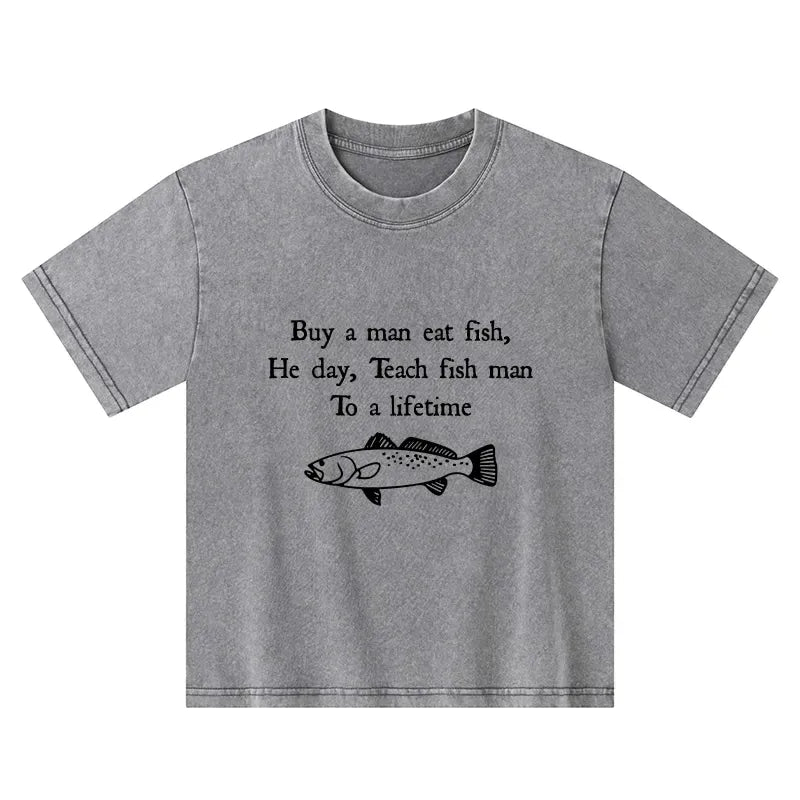 Kyoto-Lion Man Eat Fish Meme Kids Washed T-Shirt