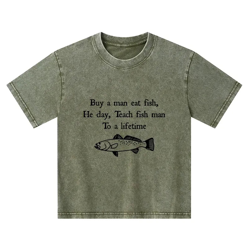 Kyoto-Lion Man Eat Fish Meme Kids Washed T-Shirt