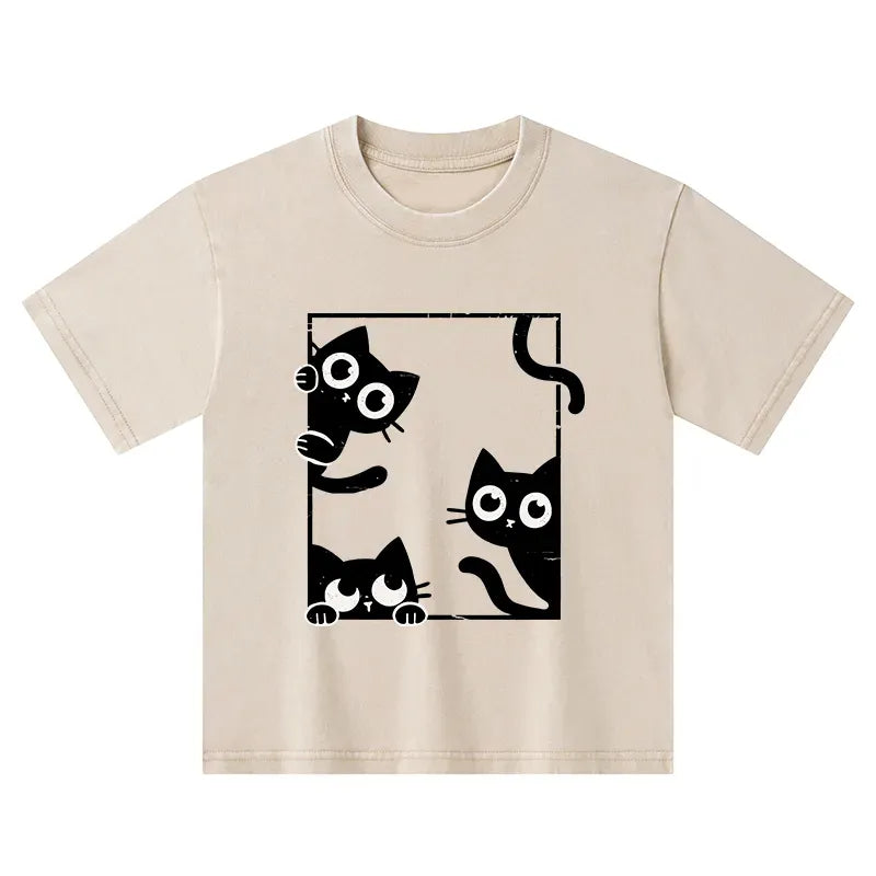 Washed unisex t-shirt for kids with cat