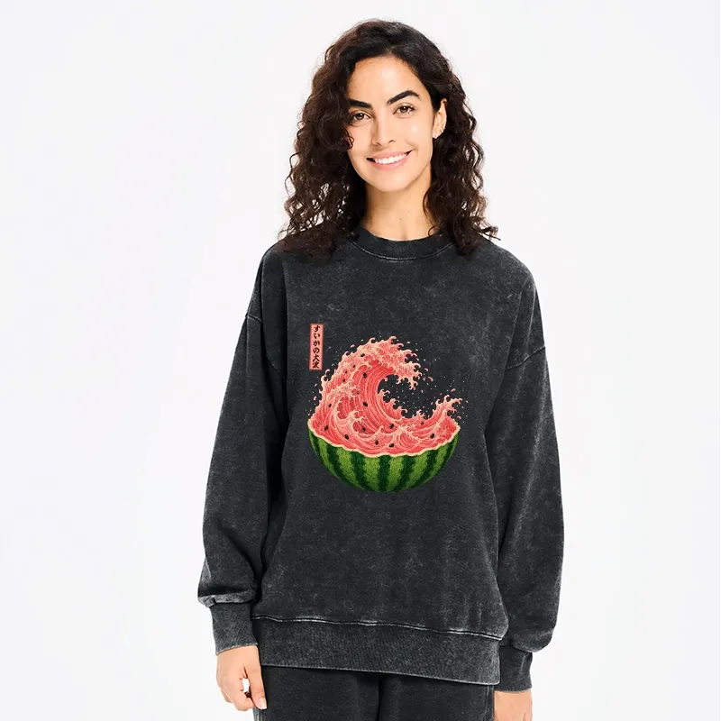 Kyoto-Lion Watermelon Wave Summer Ukiyo Art Washed Sweatshirt