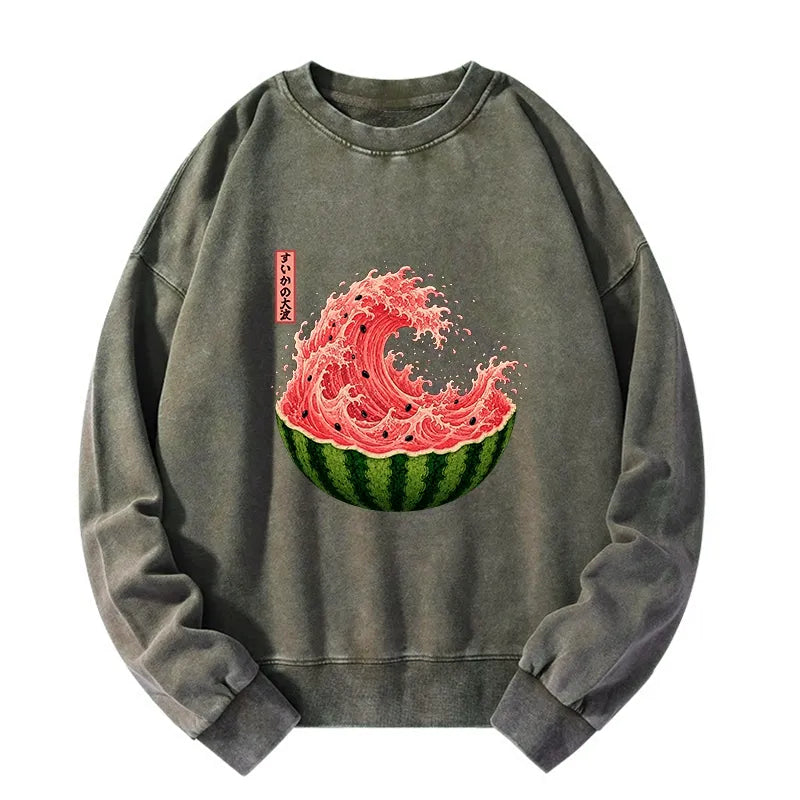 Kyoto-Lion Watermelon Wave Summer Ukiyo Art Washed Sweatshirt