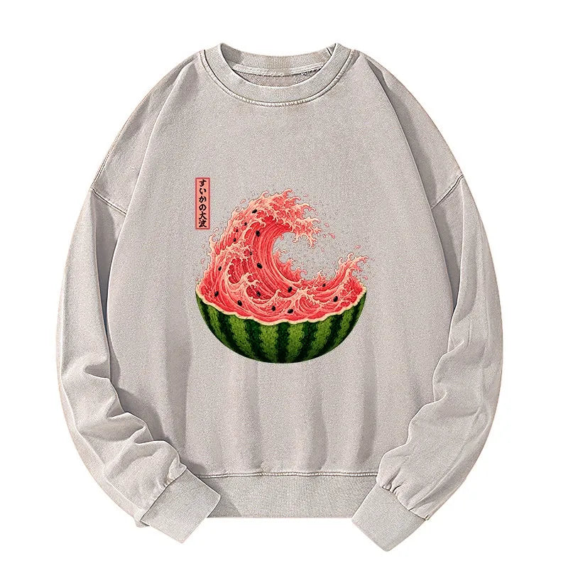 Kyoto-Lion Watermelon Wave Summer Ukiyo Art Washed Sweatshirt