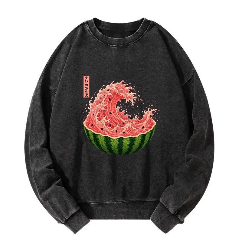 Kyoto-Lion Watermelon Wave Summer Ukiyo Art Washed Sweatshirt