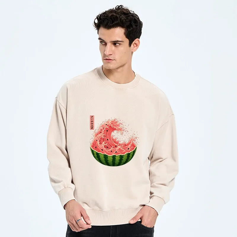 Kyoto-Lion Watermelon Wave Summer Ukiyo Art Washed Sweatshirt