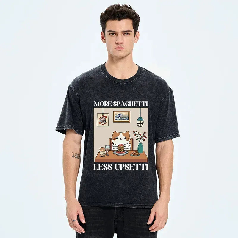 Kyoto-Lion Cat Eats Spaghetti Washed T-Shirt