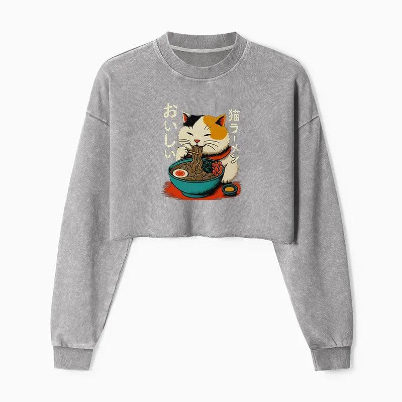 Kyoto-Lion Cute Eat Eating Japanese Ramen Washed Crop Sweatshirt