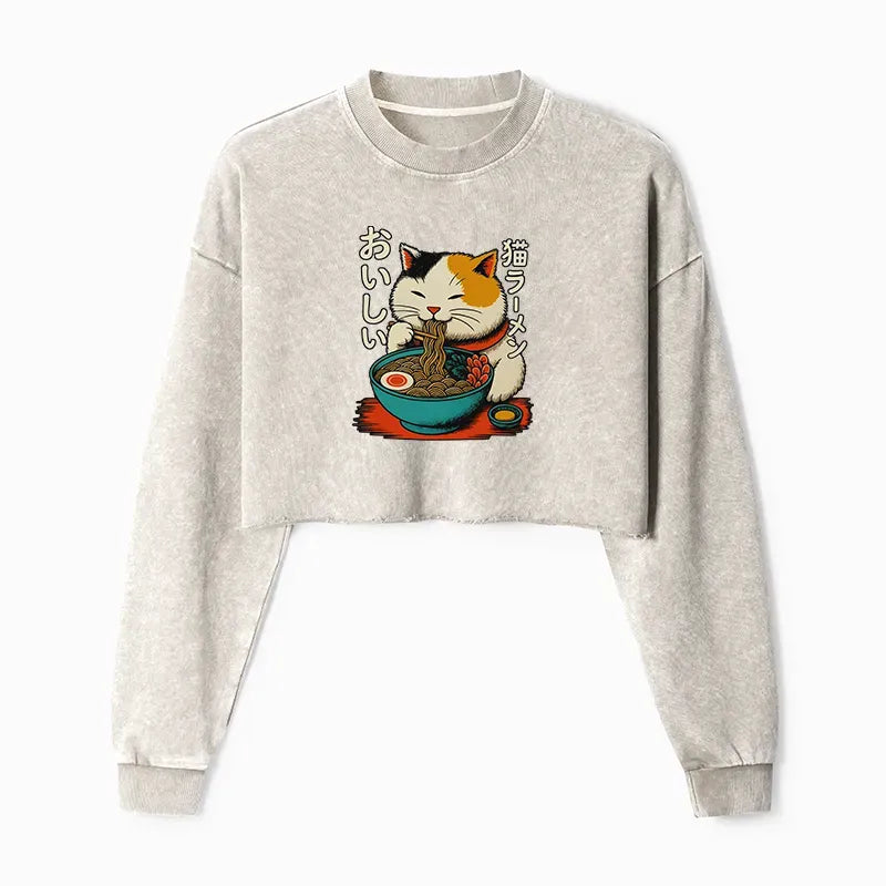 Kyoto-Lion Cute Eat Eating Japanese Ramen Washed Crop Sweatshirt