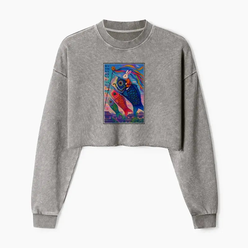 Japanese Ukiyoe Rabbit Crop Sweatshirt