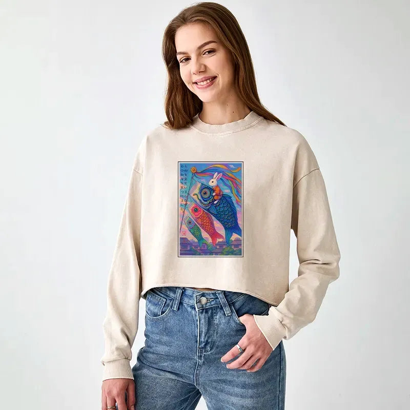 Japanese Ukiyoe Rabbit Crop Sweatshirt