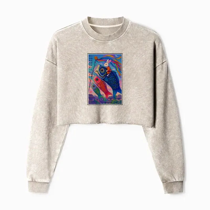 Kyoto-Lion Ukiyoe Rabbit Ride Carp Streamer Poster Washed Crop Sweatshirt