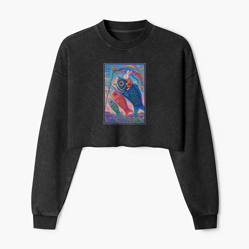 Japanese Ukiyoe Rabbit Crop Sweatshirt