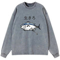 Kyoto-Lion Running Fish Washed Long Sleeve T-Shirt