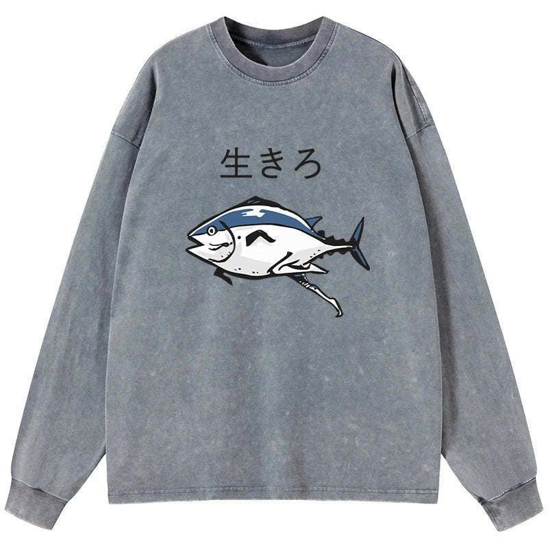 Kyoto-Lion Running Fish Washed Long Sleeve T-Shirt