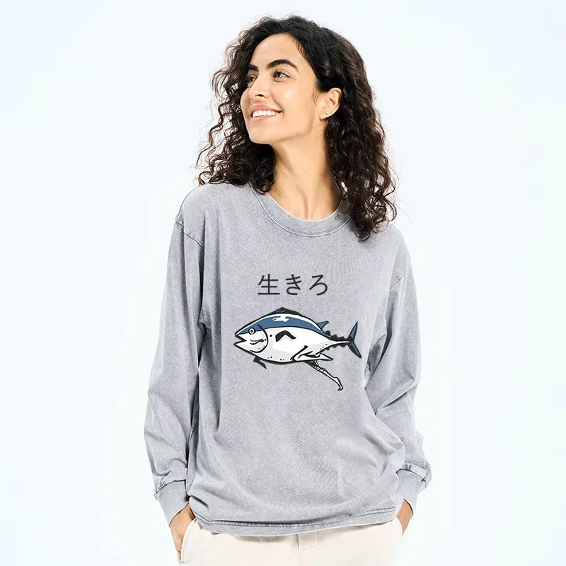 Kyoto-Lion Running Fish Washed Long Sleeve T-Shirt
