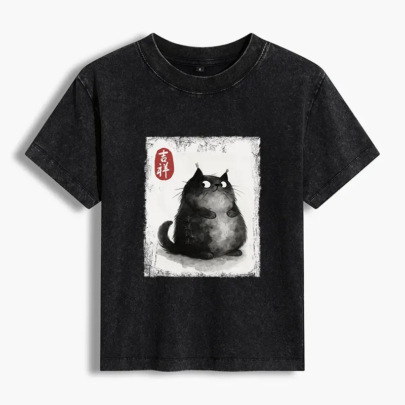 Japanese Black Cat Ink Painting T-Shirt