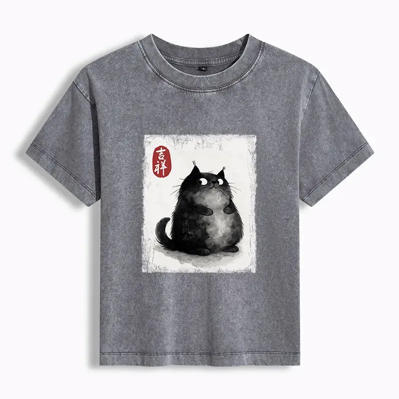 Japanese Black Cat Ink Painting T-Shirt
