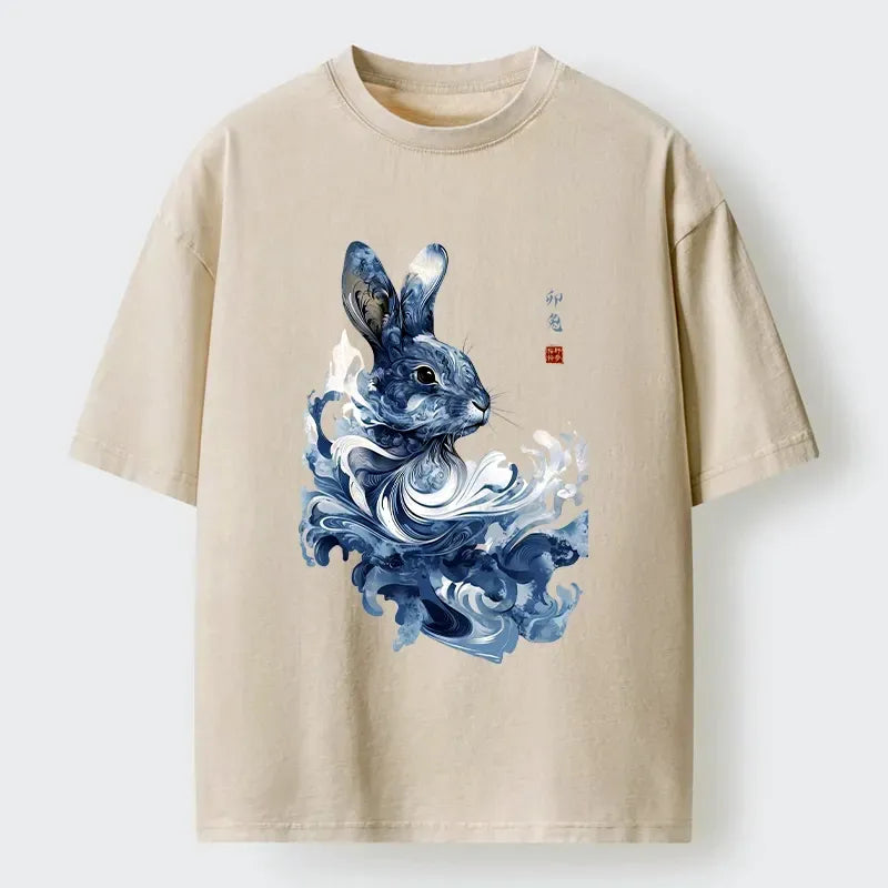 Japanese Rabbit Art Washed T-Shirt