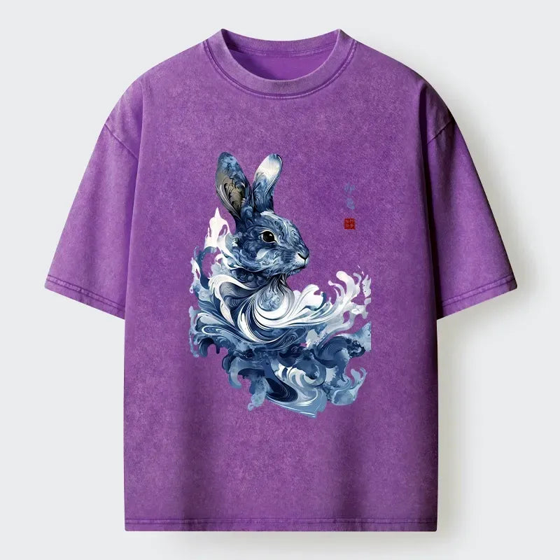 Kyoto-Lion Blue And White Rabbit Art Washed T-Shirt