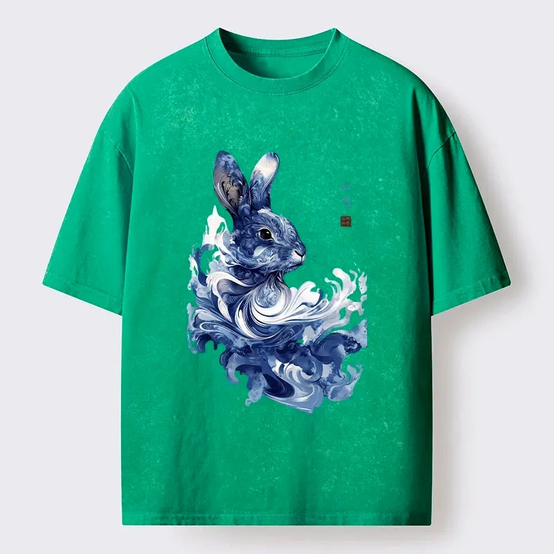 Kyoto-Lion Blue And White Rabbit Art Washed T-Shirt