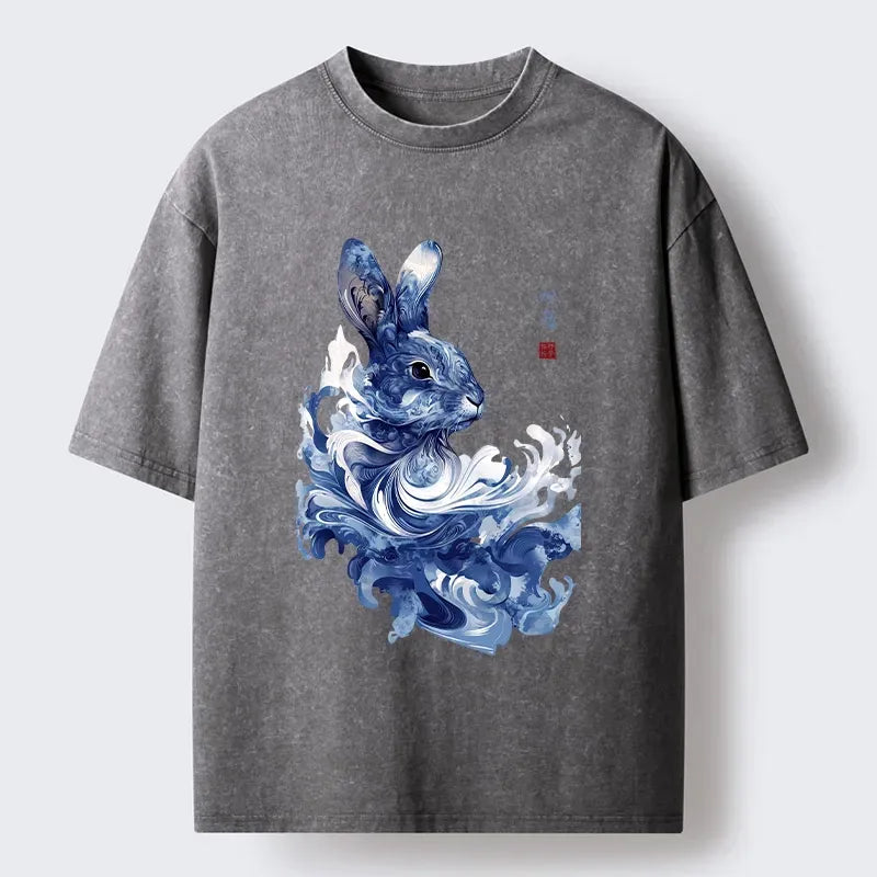 Kyoto-Lion Blue And White Rabbit Art Washed T-Shirt
