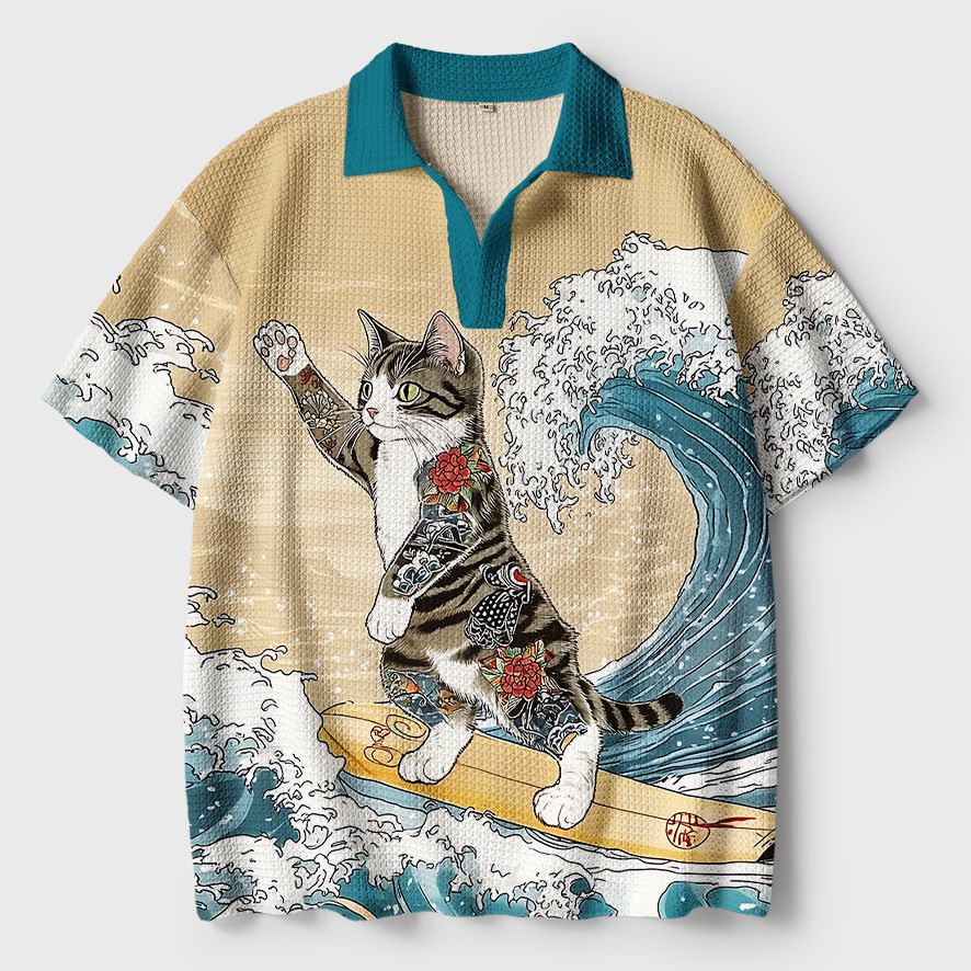 Japanese Cat Surfing Polo Shirt