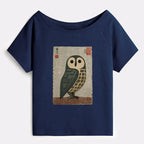Japanese Art Owl Off Shoulder T-Shirt for Women