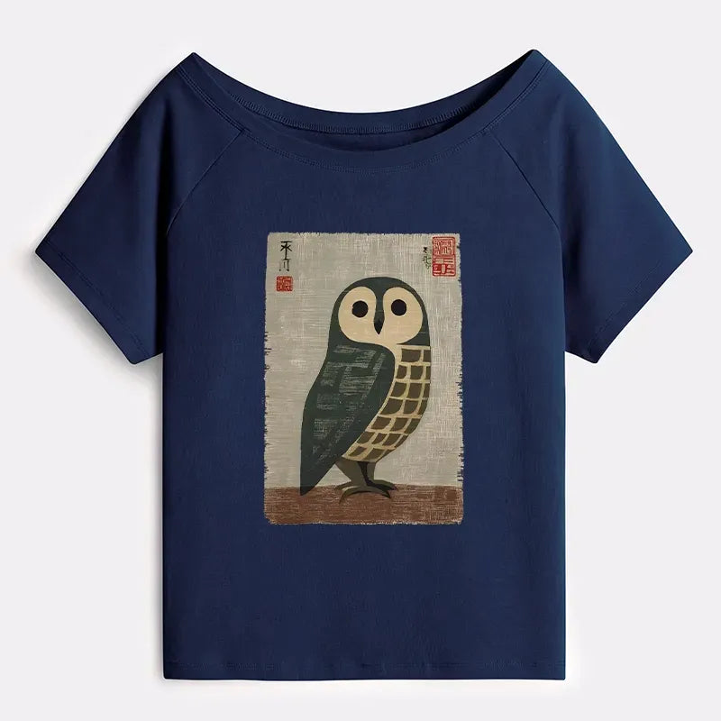 Japanese Art Owl Off Shoulder T-Shirt for Women