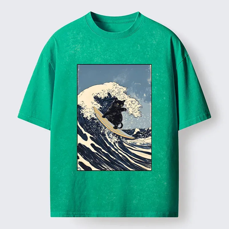 Kyoto-Lion Black Cat Surfing Wave Japanese Ukiyoe Washed T-Shirt