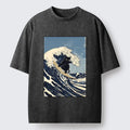 Kyoto-Lion Black Cat Surfing Wave Japanese Ukiyoe Washed T-Shirt