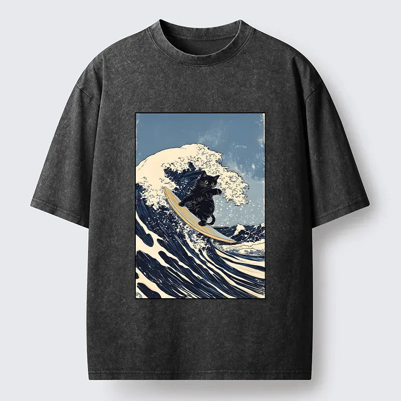 Kyoto-Lion Black Cat Surfing Wave Japanese Ukiyoe Washed T-Shirt