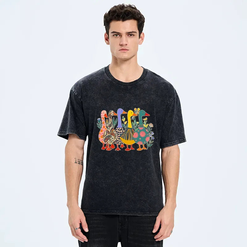 Kyoto-Lion Whimsical Folk-Art Goose Quintet Washed T-Shirt