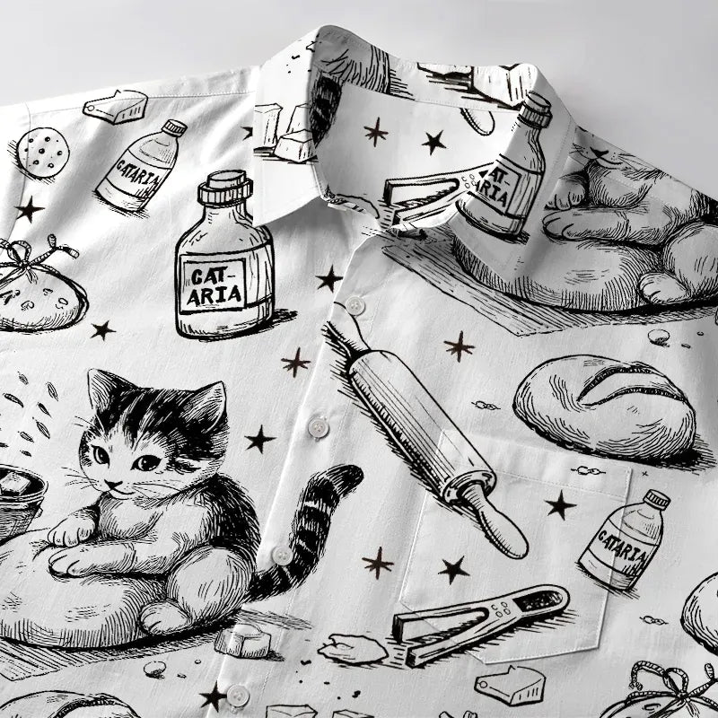 Kyoto-Lion Cat Kneading Dough Button-up Shirt