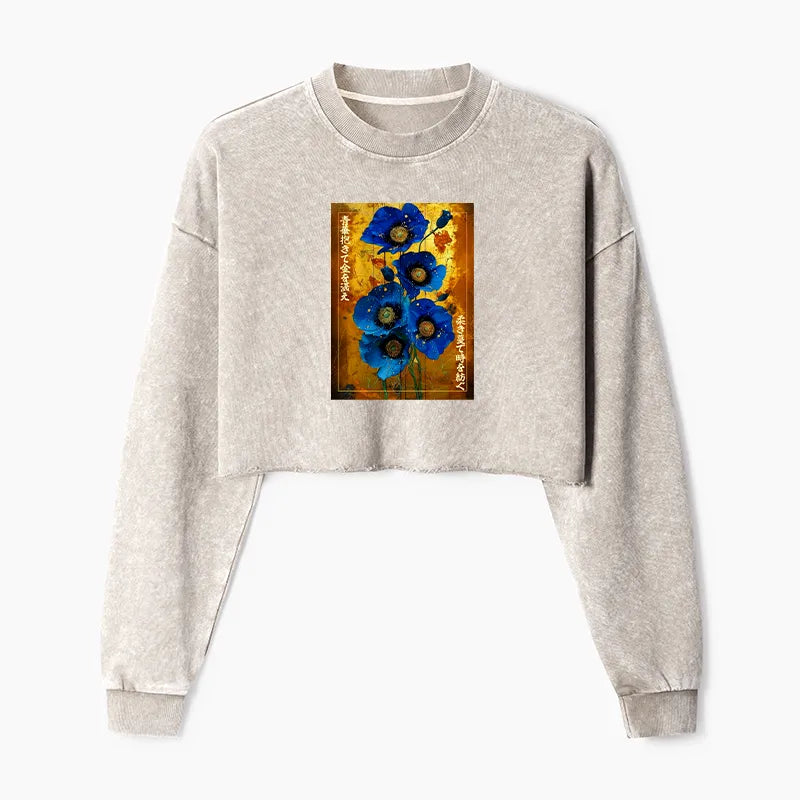 Kyoto-Lion Shiny Blue Flower Warm Golden Background Washed Crop Sweatshirt