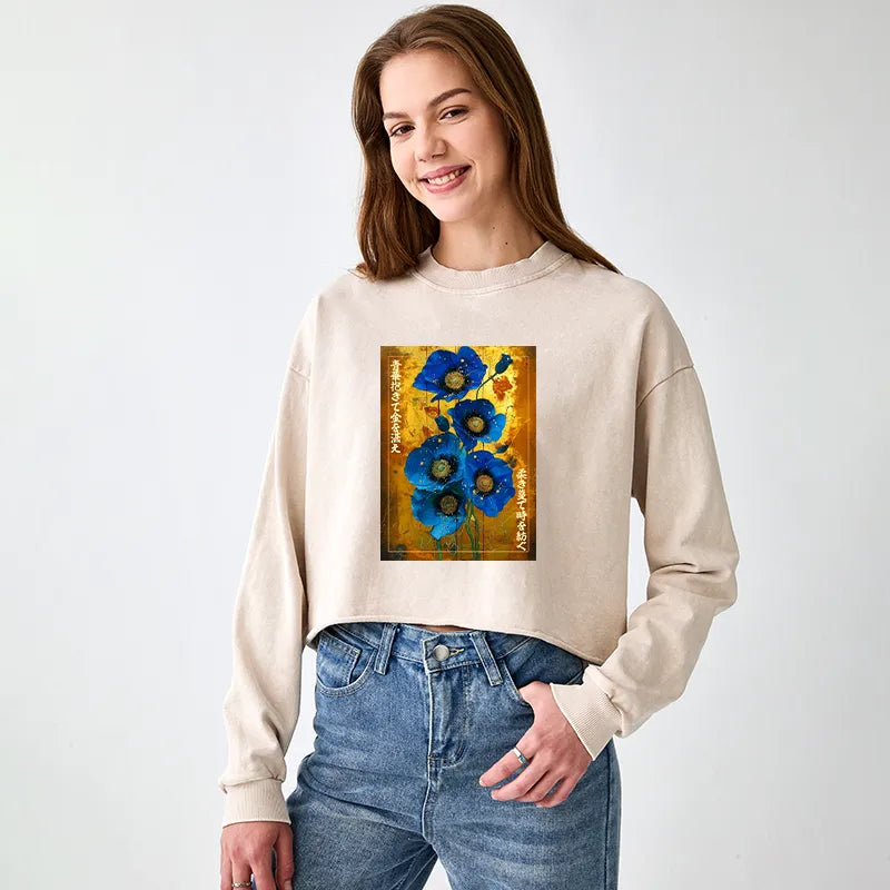 Kyoto-Lion Shiny Blue Flower Warm Golden Background Washed Crop Sweatshirt
