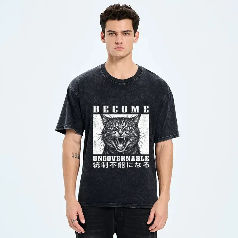 Kyoto-Lion FunnyCat:Become Ungovernable Washed T-Shirt