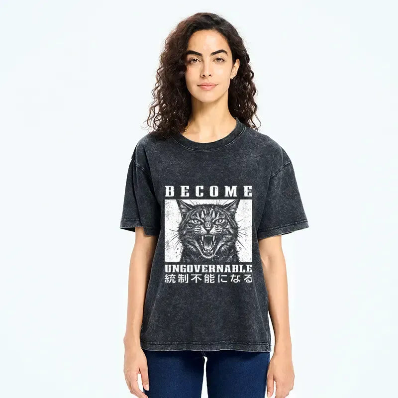 Funny Cat Washed T-Shirt for Daily Wear