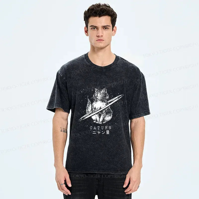 Kyoto-Lion Funny Cat Star Washed T-Shirt