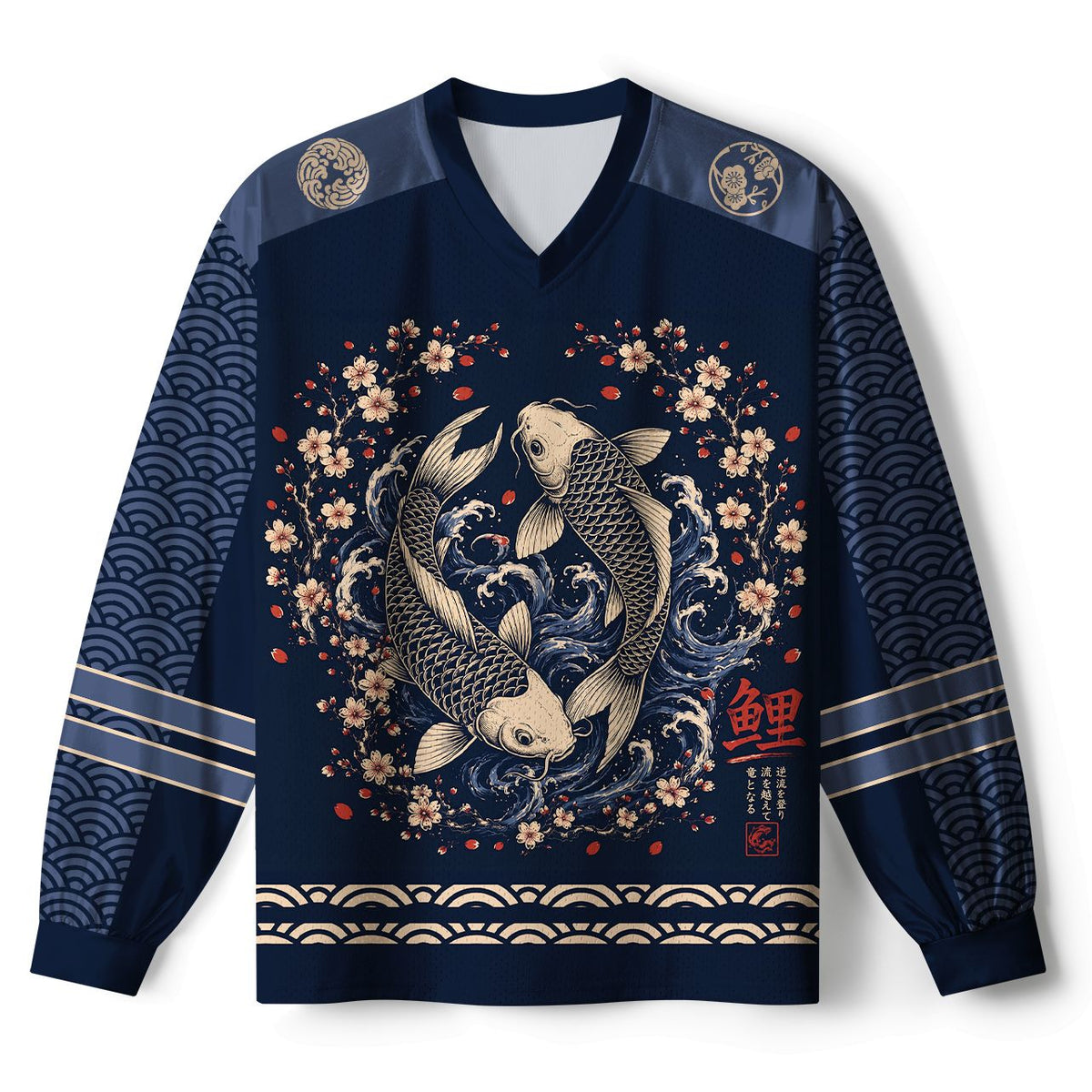 Kyoto-Lion Japanese Twin Koi Wave Art Paneled Long Sleeve Jersey