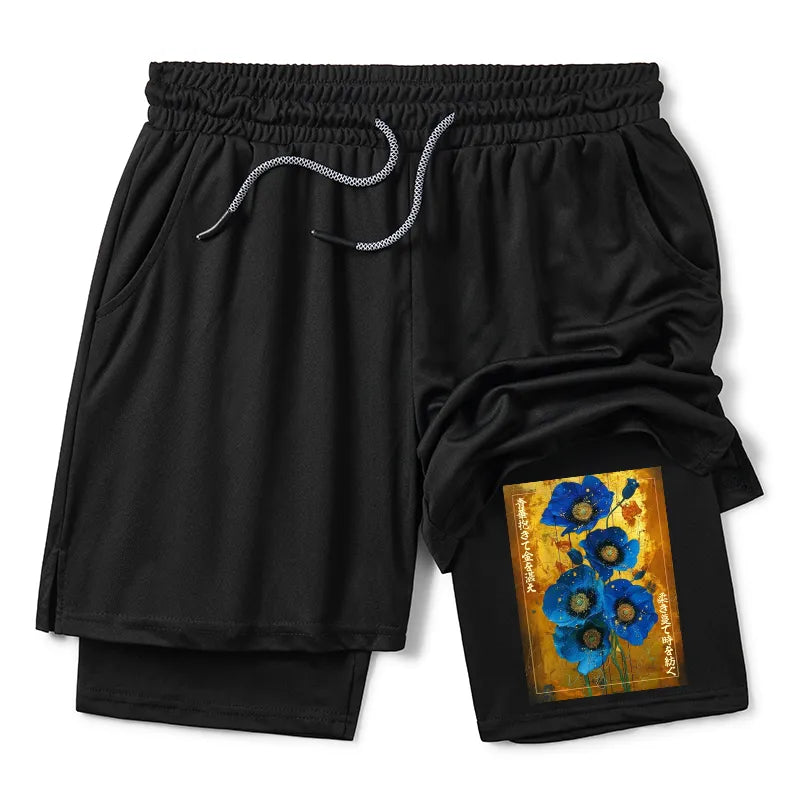 Kyoto-Lion Shiny Blue Flower Warm Golden Background Training Shorts