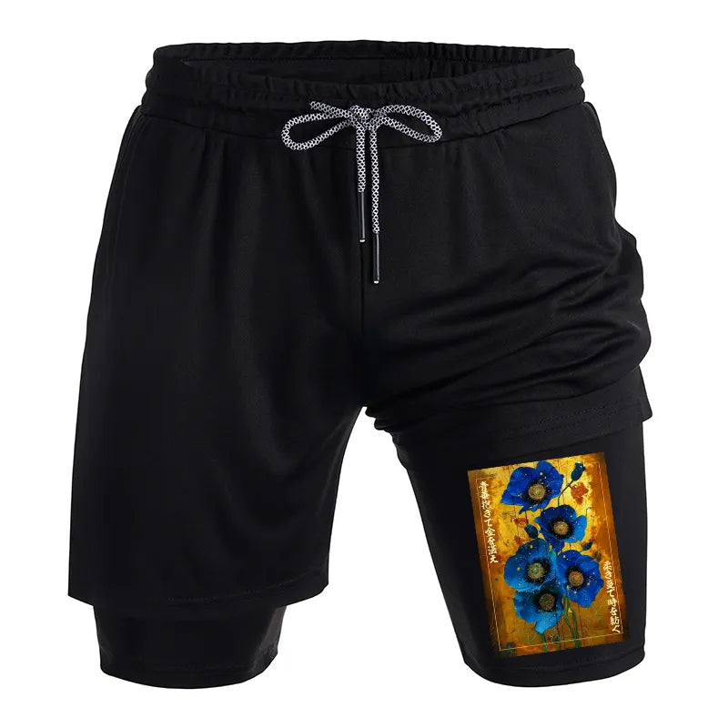 Kyoto-Lion Shiny Blue Flower Warm Golden Background Training Shorts
