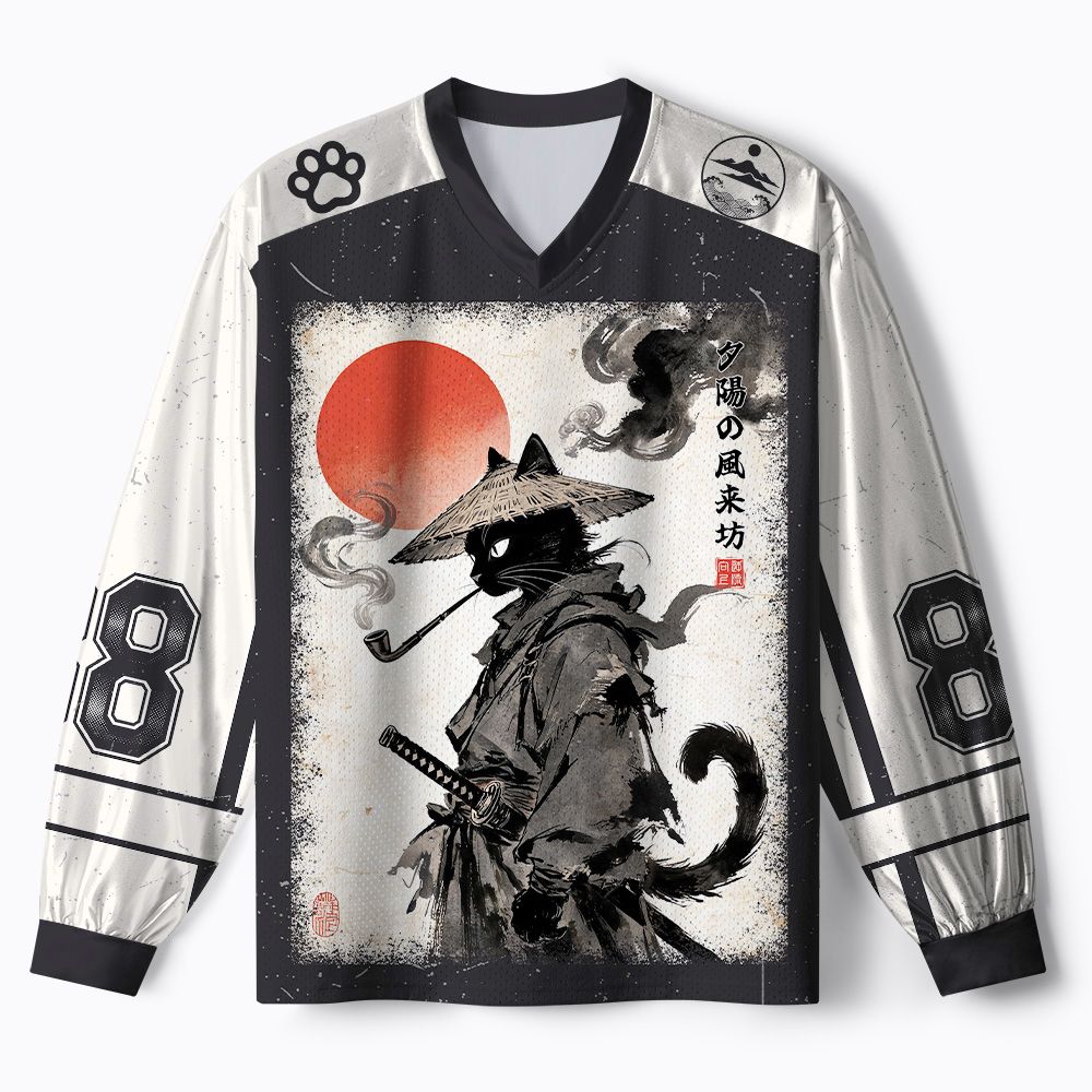 Kyoto-Lion Japanese Sunset Wanderer Samurai cat Paneled Long Sleeve Jersey