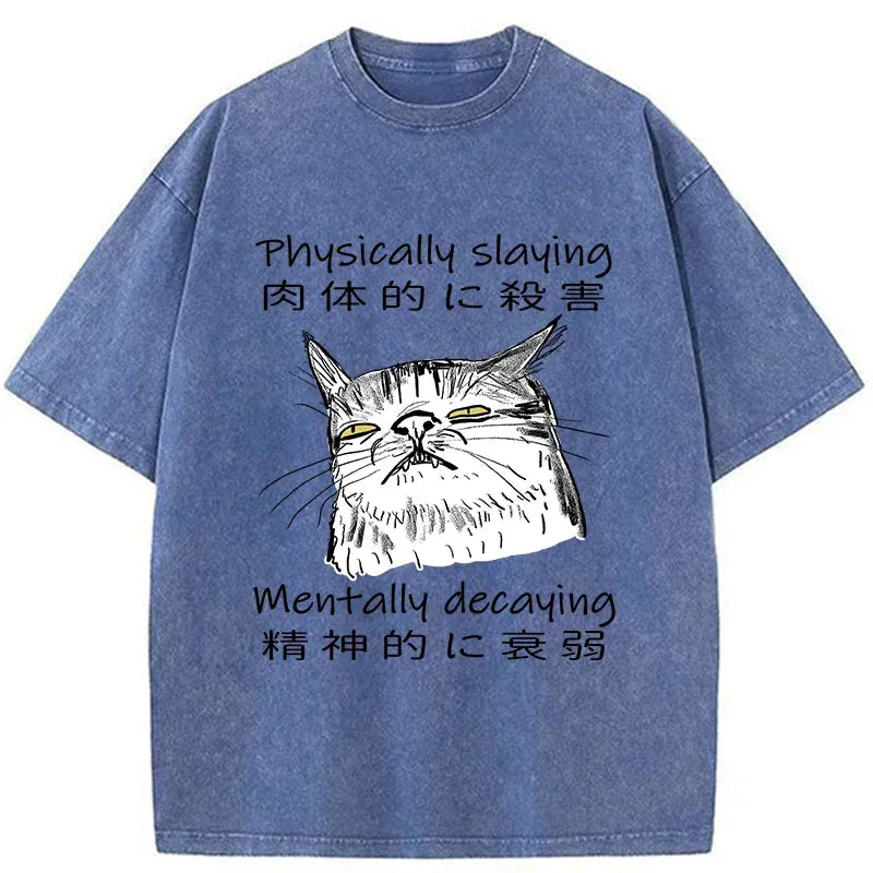 Kyoto-Lion Mentally Decaying Cat Washed T-Shirt