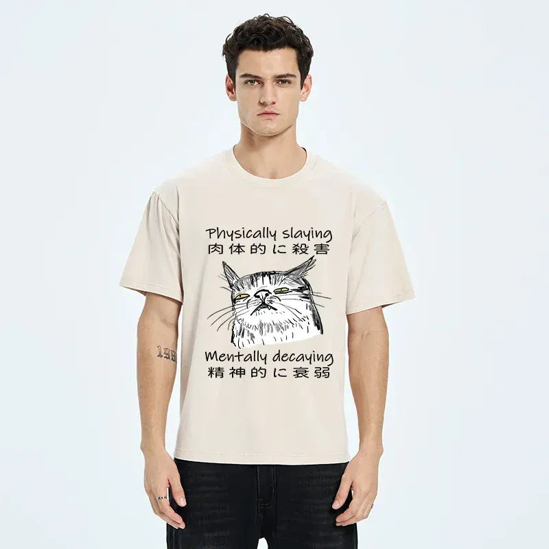 japanese cat washed t-shirt for daily wear