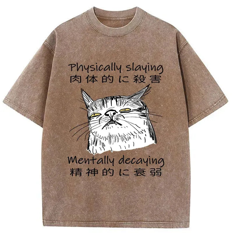 Kyoto-Lion Mentally Decaying Cat Washed T-Shirt