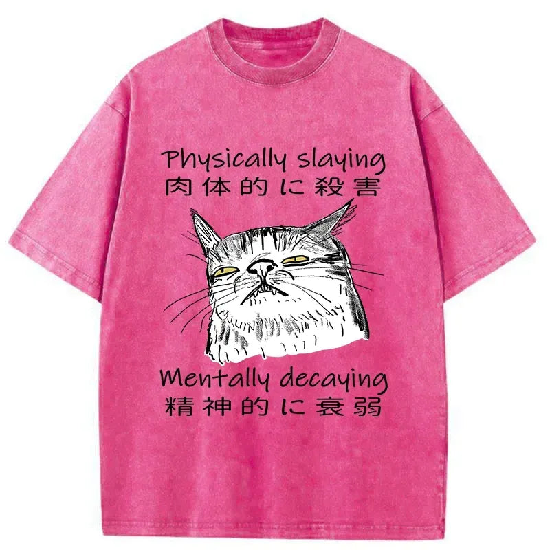 Kyoto-Lion Mentally Decaying Cat Washed T-Shirt