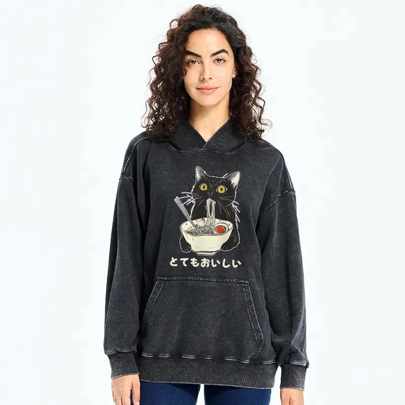 Kyoto-Lion Cats Eat Ramen Noodles Washed Hoodie