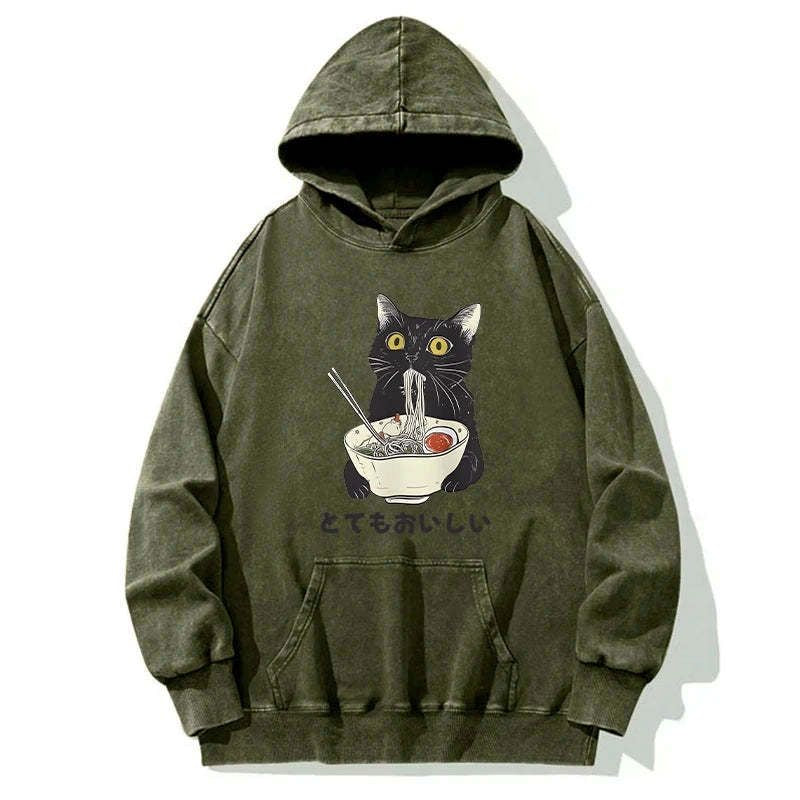 Kyoto-Lion Cats Eat Ramen Noodles Washed Hoodie