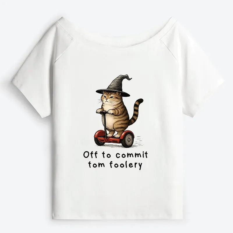 Kyoto-Lion Orange Cat Riding Segway-style Off Shoulder T-Shirt
