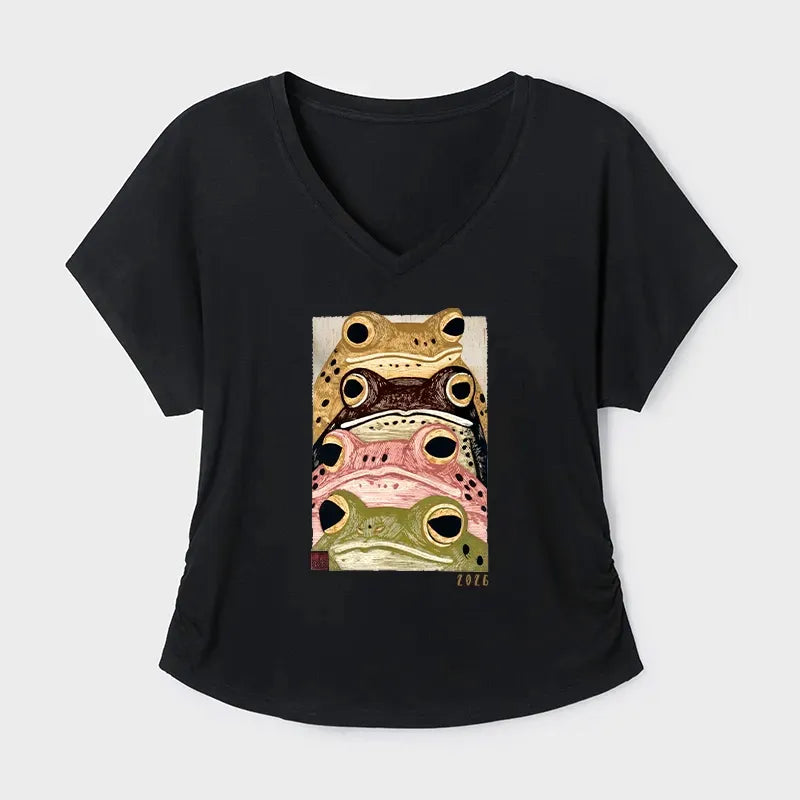 Kyoto-Lion Whimsical Multi Colored Frog Art Modal Dolman Sleeve T-Shirt